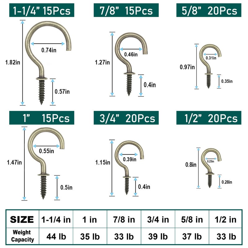 EIENHOSHI 105 Pcs Screw Hooks  6 Sizes Bronze Cup Hooks  Screw Hooks for Hanging  Metal Cup Hooks Screw in (1/2""  5/8""  3/4""  7/8""  1''  1-1/4"") - Image 2